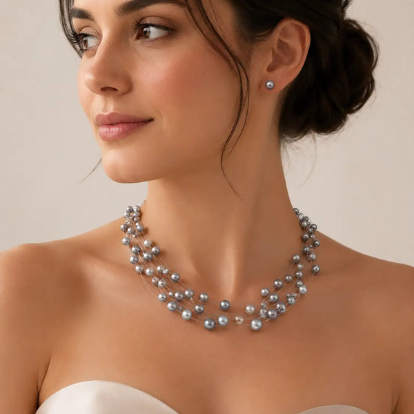 Noir Lumiere Floating Pearl Necklace Set (Grey)