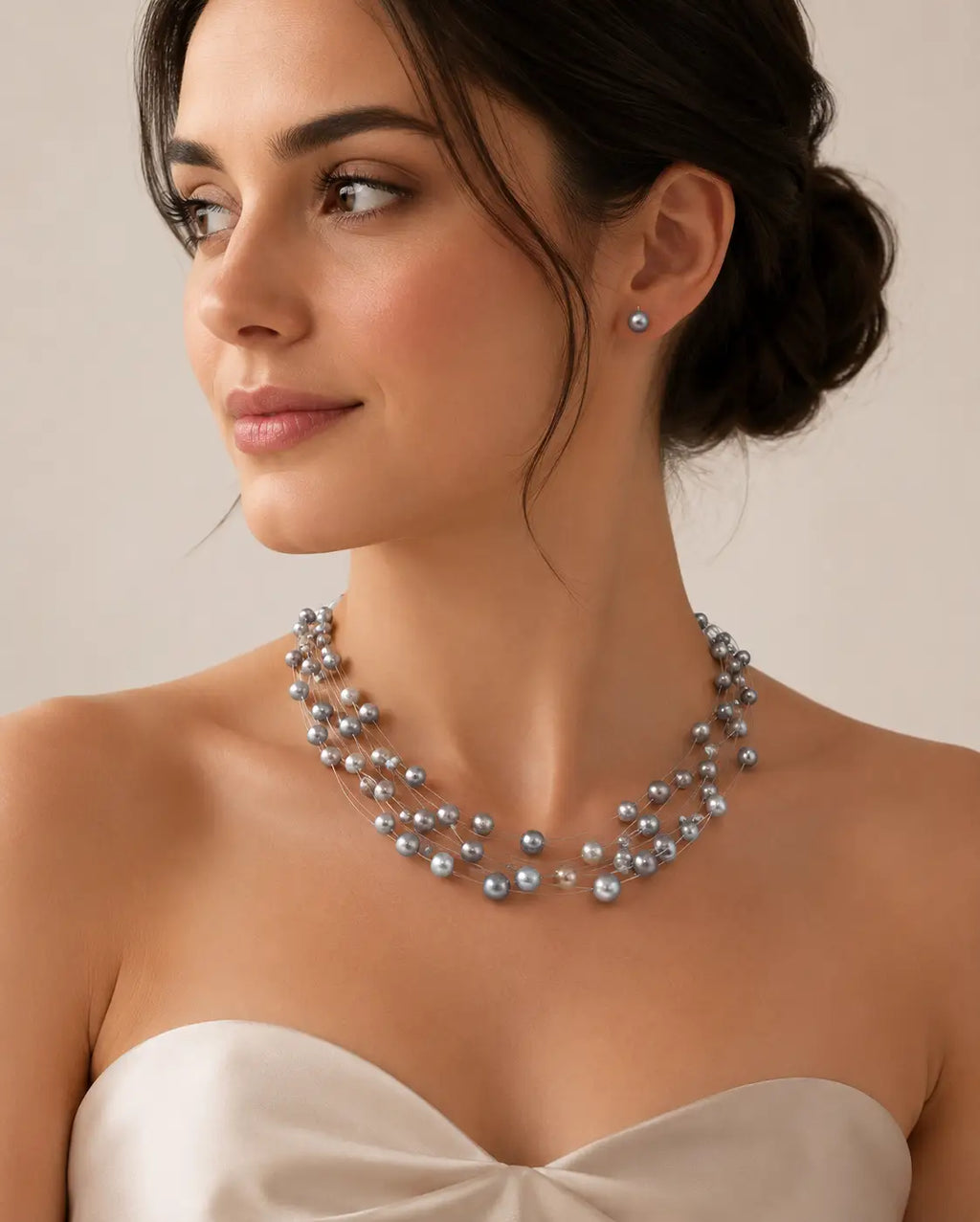 Noir Lumiere Floating Pearl Necklace Set (Grey)