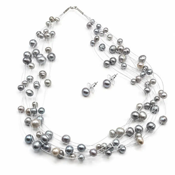Noir Lumiere Floating Pearl Necklace Set (Grey)