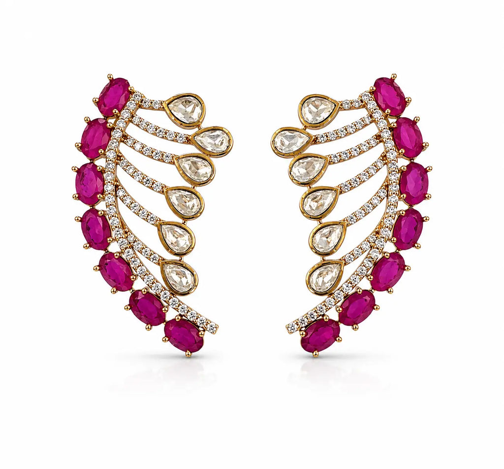 Regalia Crescent Ruby and Polki Earrings