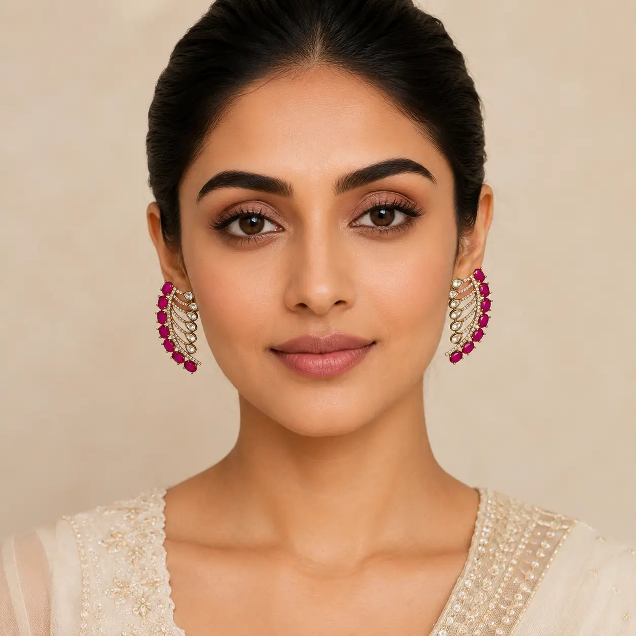 Regalia Crescent Ruby and Polki Earrings