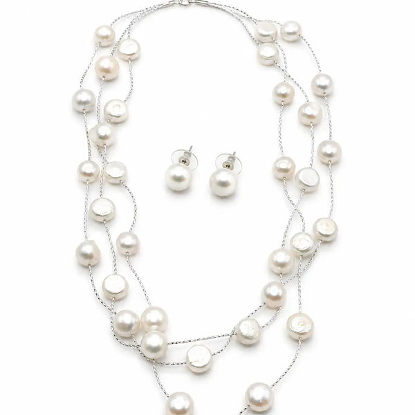 Serena Cascade Pearl Necklace Set (White pearl distant necklace)